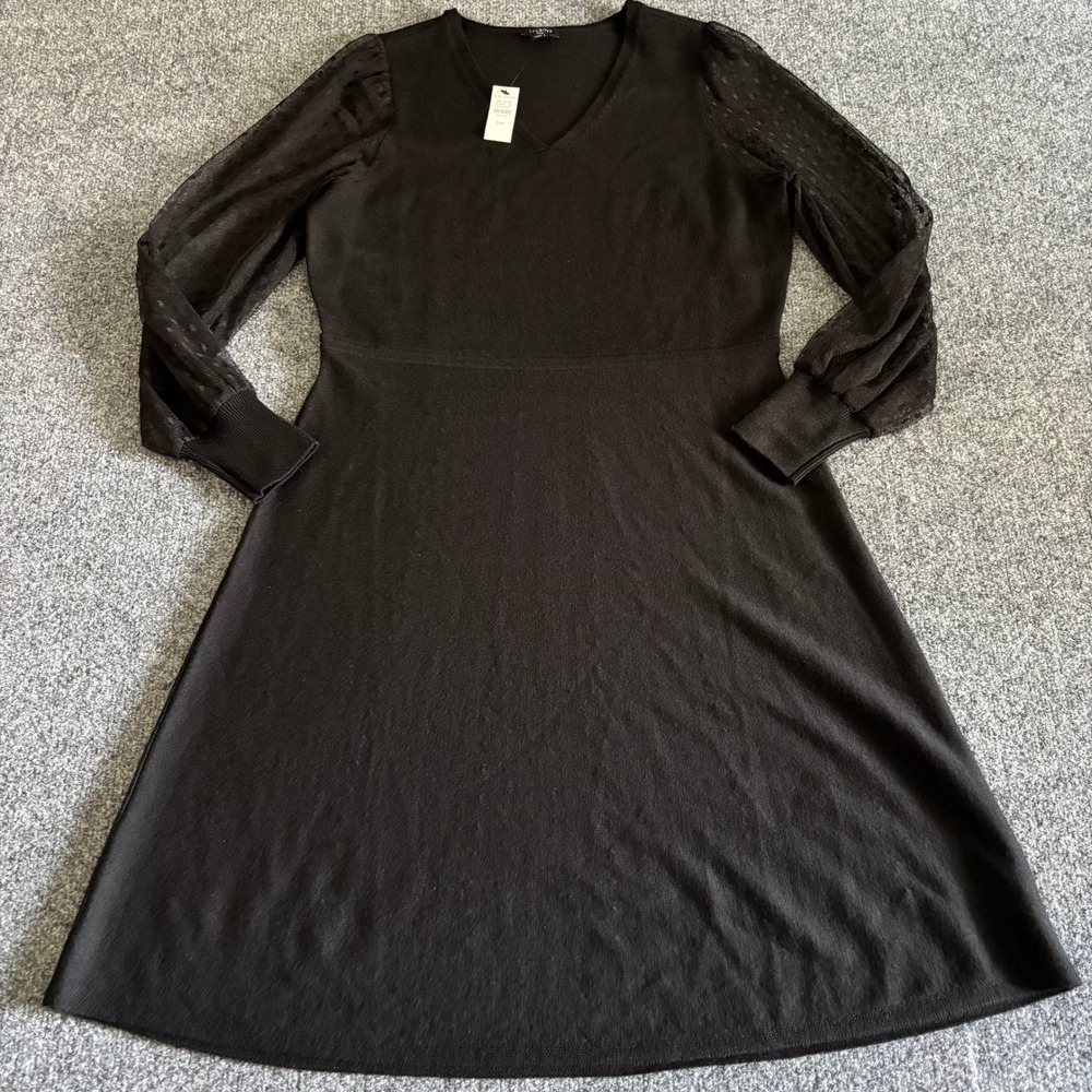 Talbots Petite Medium Black Merino Wool V-Neck Dress Sheer Swiss Dot Sleeves NEW